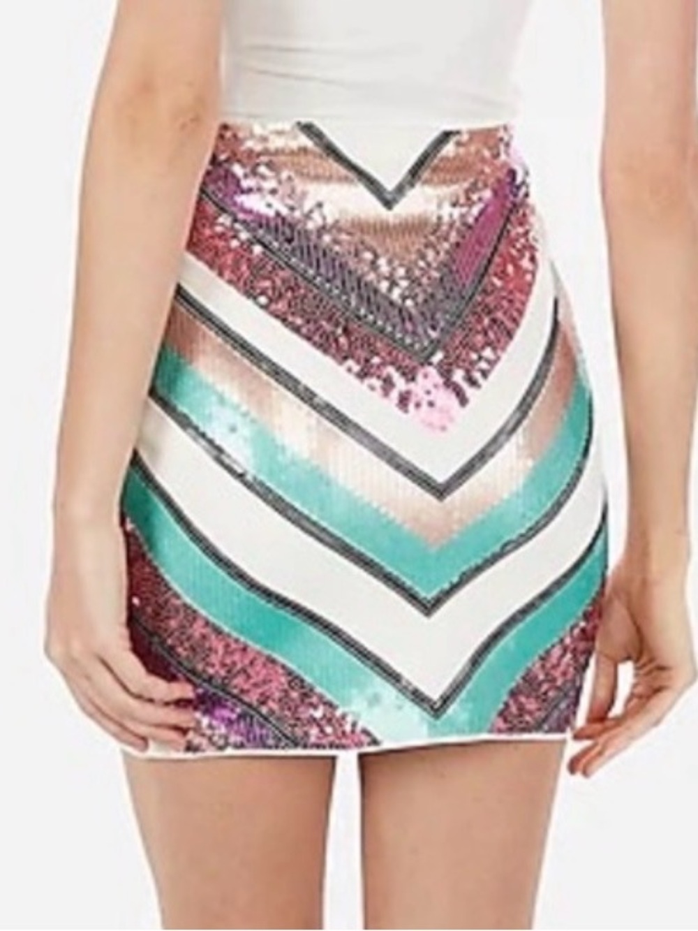 EXPRESS Sequin Mini Skirt Stretch Chevron Multicolor High Waist Lined NWT
